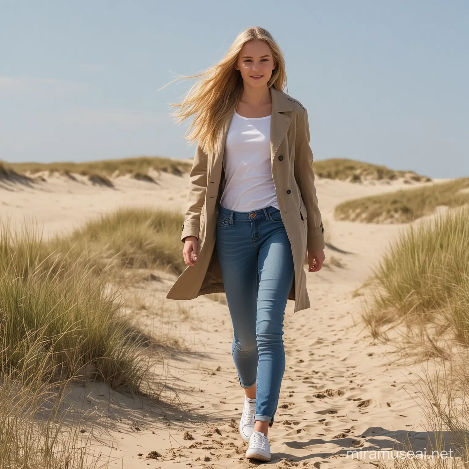 a gorgeous slender 16 year old european girl, long blonde hair, blue jeans, short coat walking through  a sea and dune landscape, sunny weather
