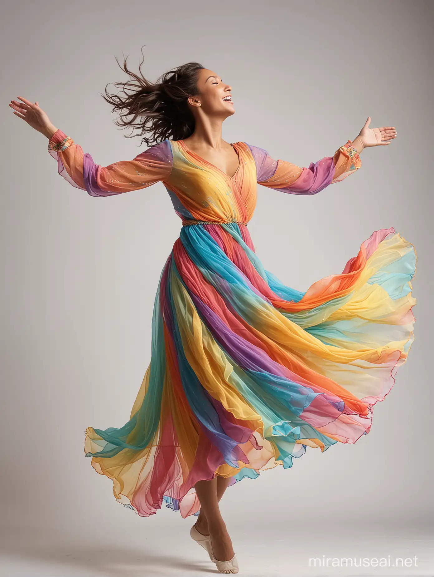 praise dancer leaping in the air. she's wear a colorful chiffon layeres dress with long sleeves. background is white cloth billowing in the wind.
