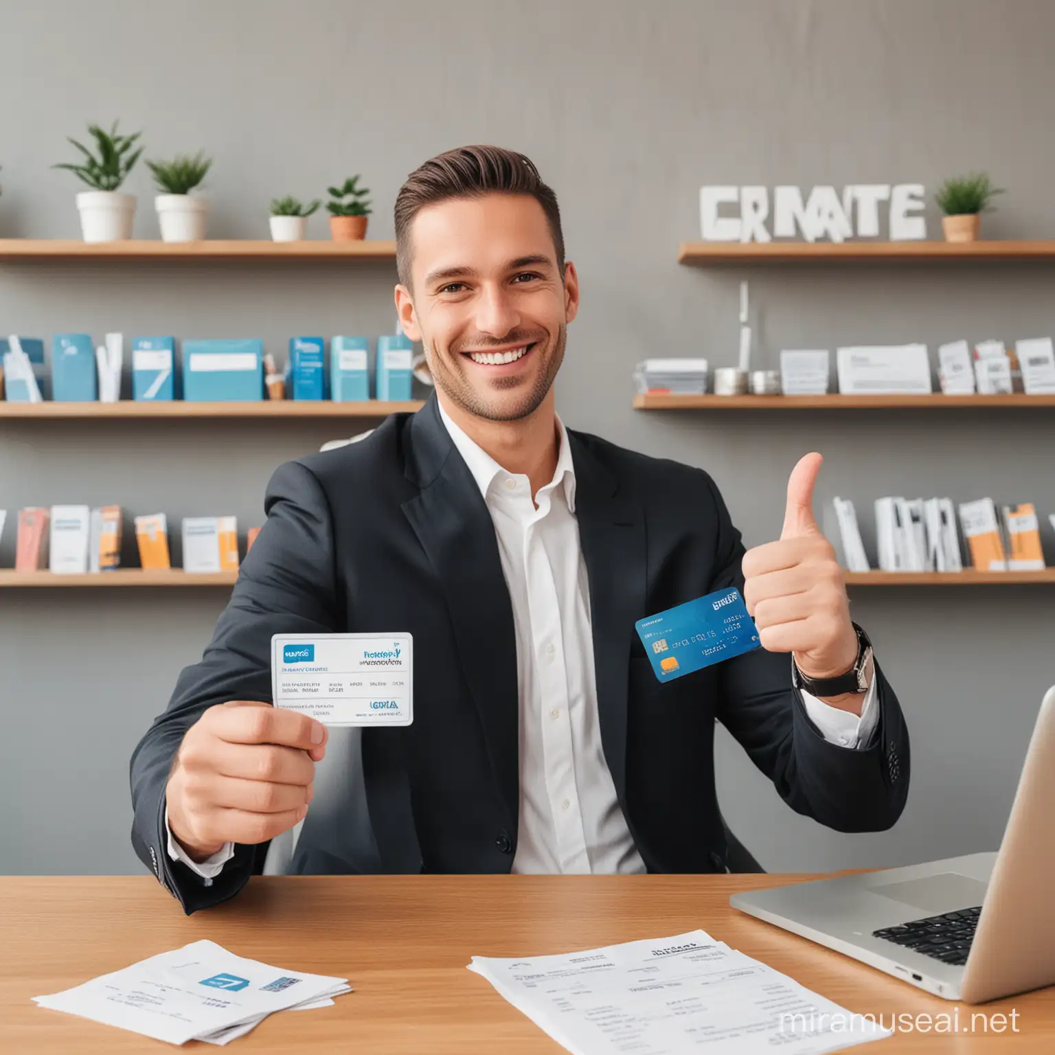 A businessman smiling and giving a thumbs-up while holding a single credit card with the Hedgewiz logo on it. Behind him, a stack of invoices fades into the background, symbolizing the transition to simplified billing