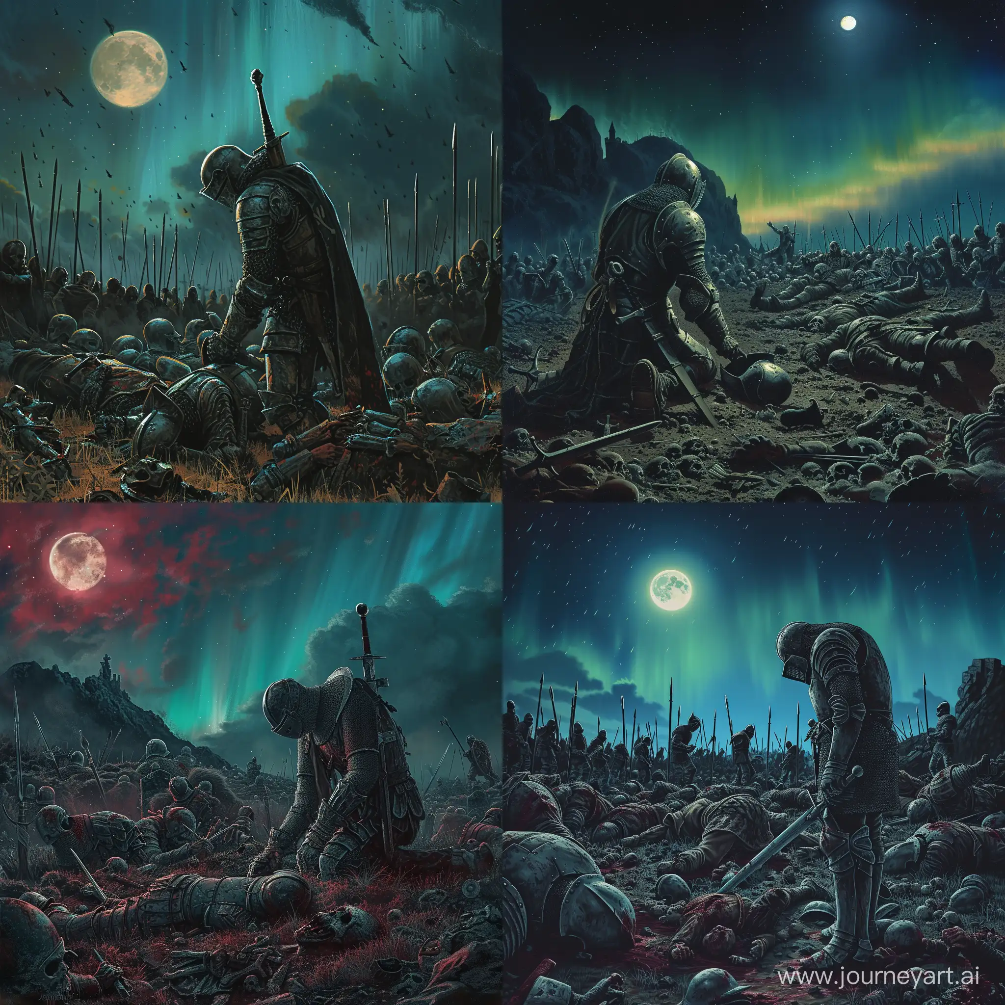 a knight paying respect to fallen comrades in a battlefield full of dead knights, night time, full moon, aurora borealis, 1970's dark fantasy style, gritty, detailed