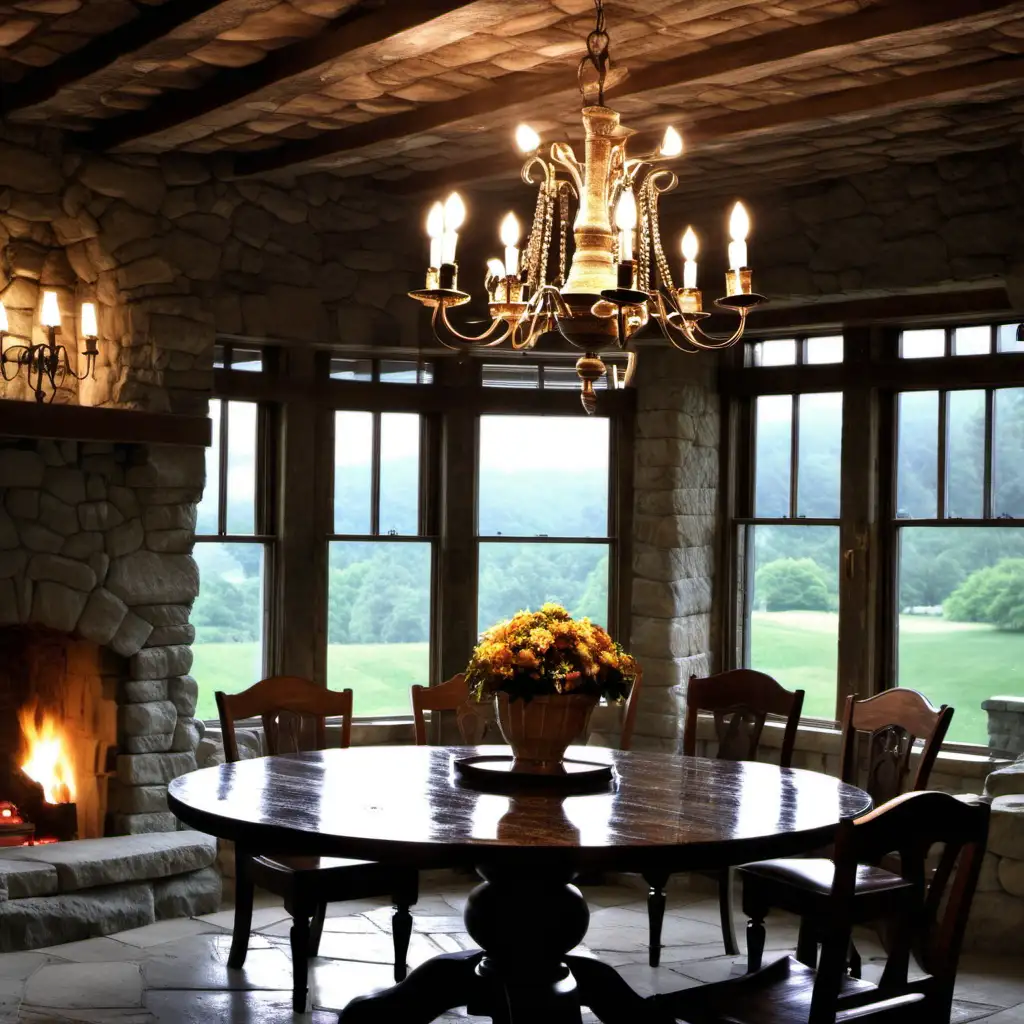 Cottage house dining room , stone walls, old wood ceiling, fireplace , round table with chandelier, window 