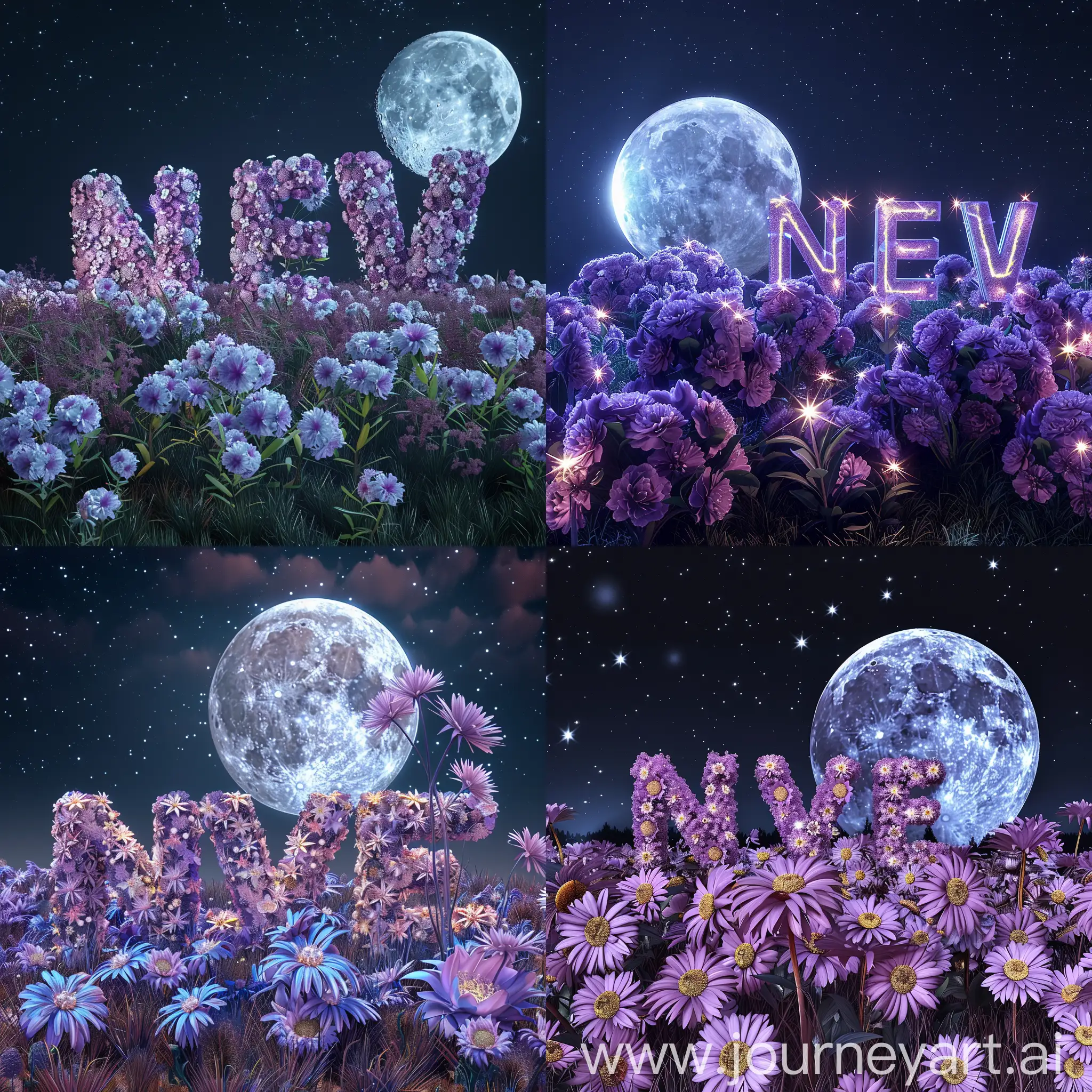 Объемные буквы, слово NEVER , в фиолетовых цветочках, звездный космос, боьшая луна , профессиональное фото , высокое качество utraHD