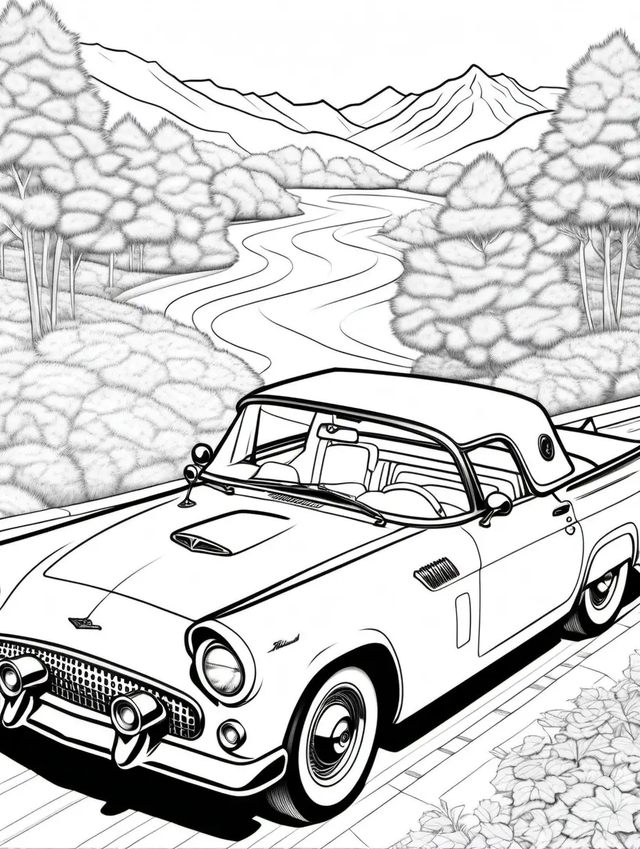 line work, coloring book page for adults, 1955 Ford Thunderbird, black and white, thick lines, no shading, vector file