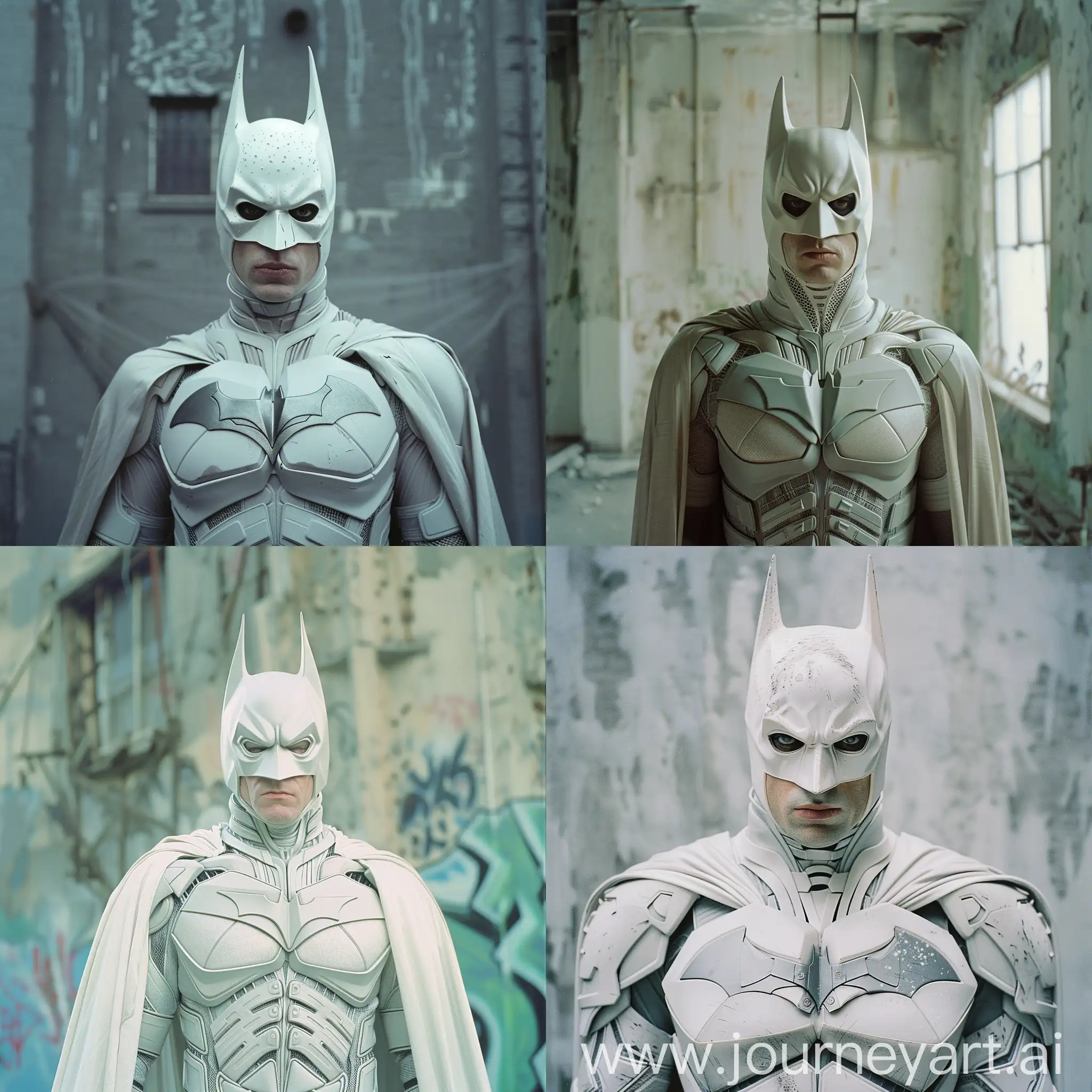 Shot on expired film. dvd screengrab from film. A photo of a batman in unique White costume --v 6.0
