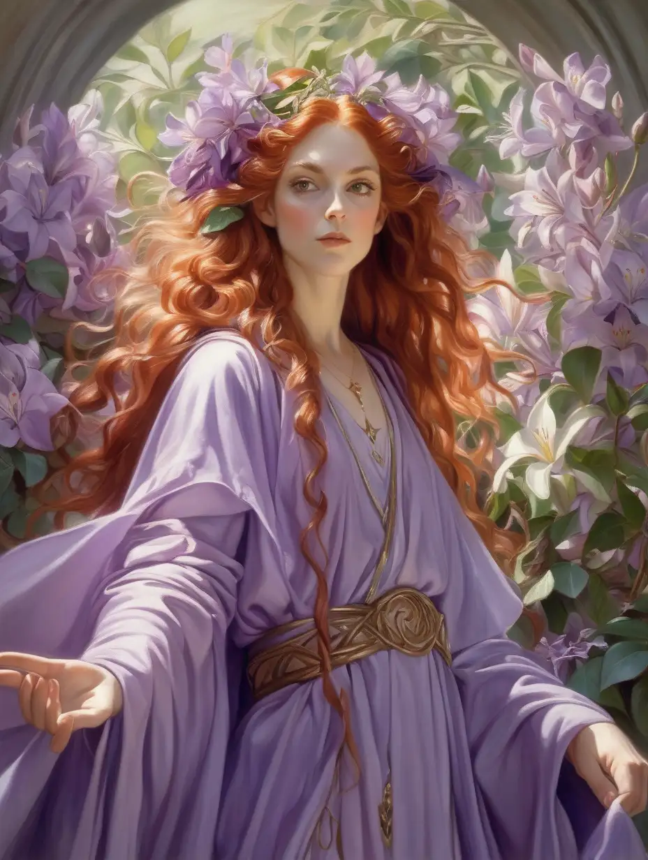 In the style of a John Singer Sargent painting, a beautiful elven woman, she is a cleric, she has curly red hair, she wears flowing lilac robes, she is surrounded  by flowers,