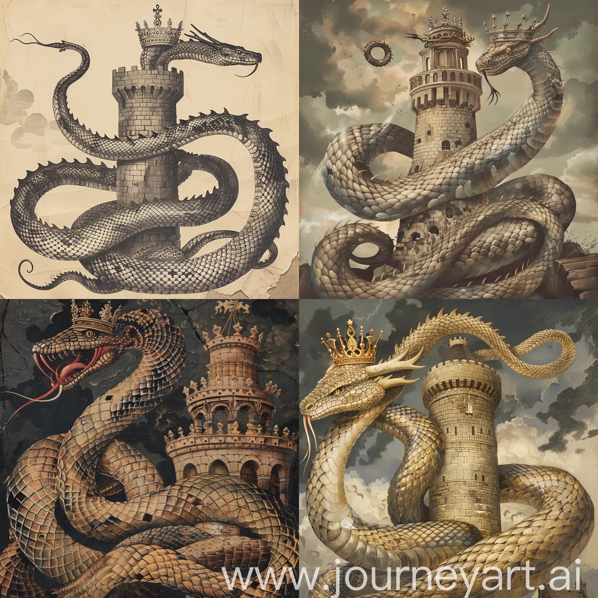 змей-дракон с короной на голове обвивает башню
