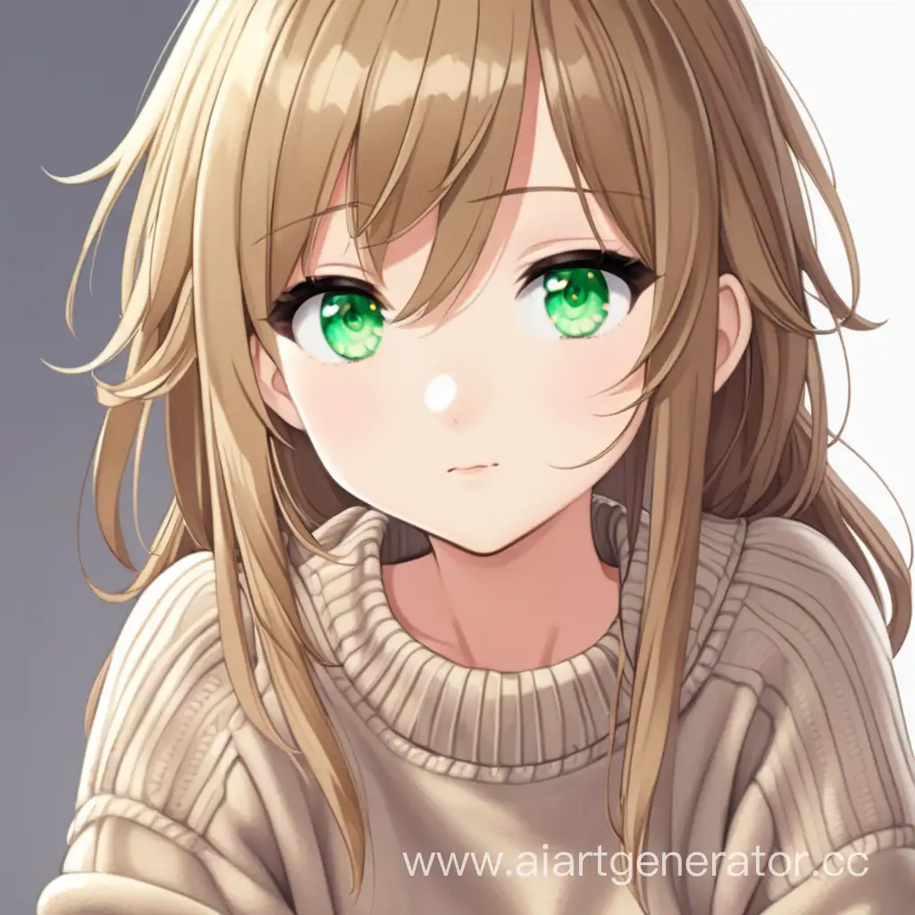 Cute anime girl with dark blond hair and green eyes in a sweater.