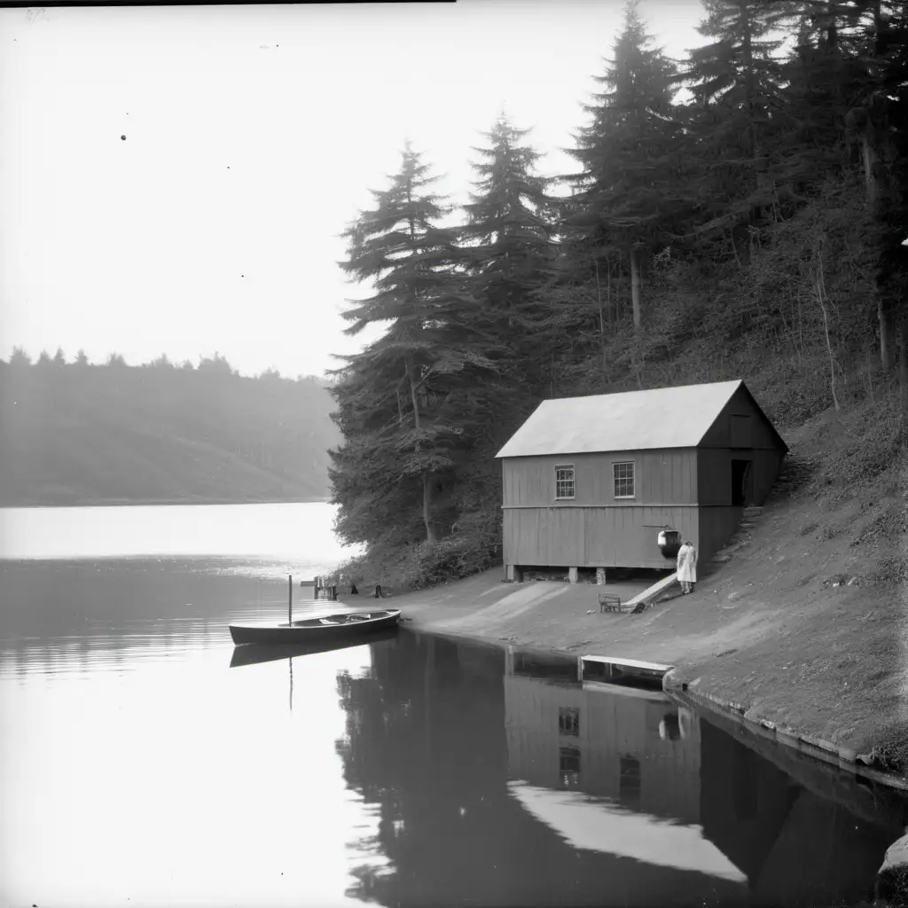 Vintage Boathouse by the Water in 1910