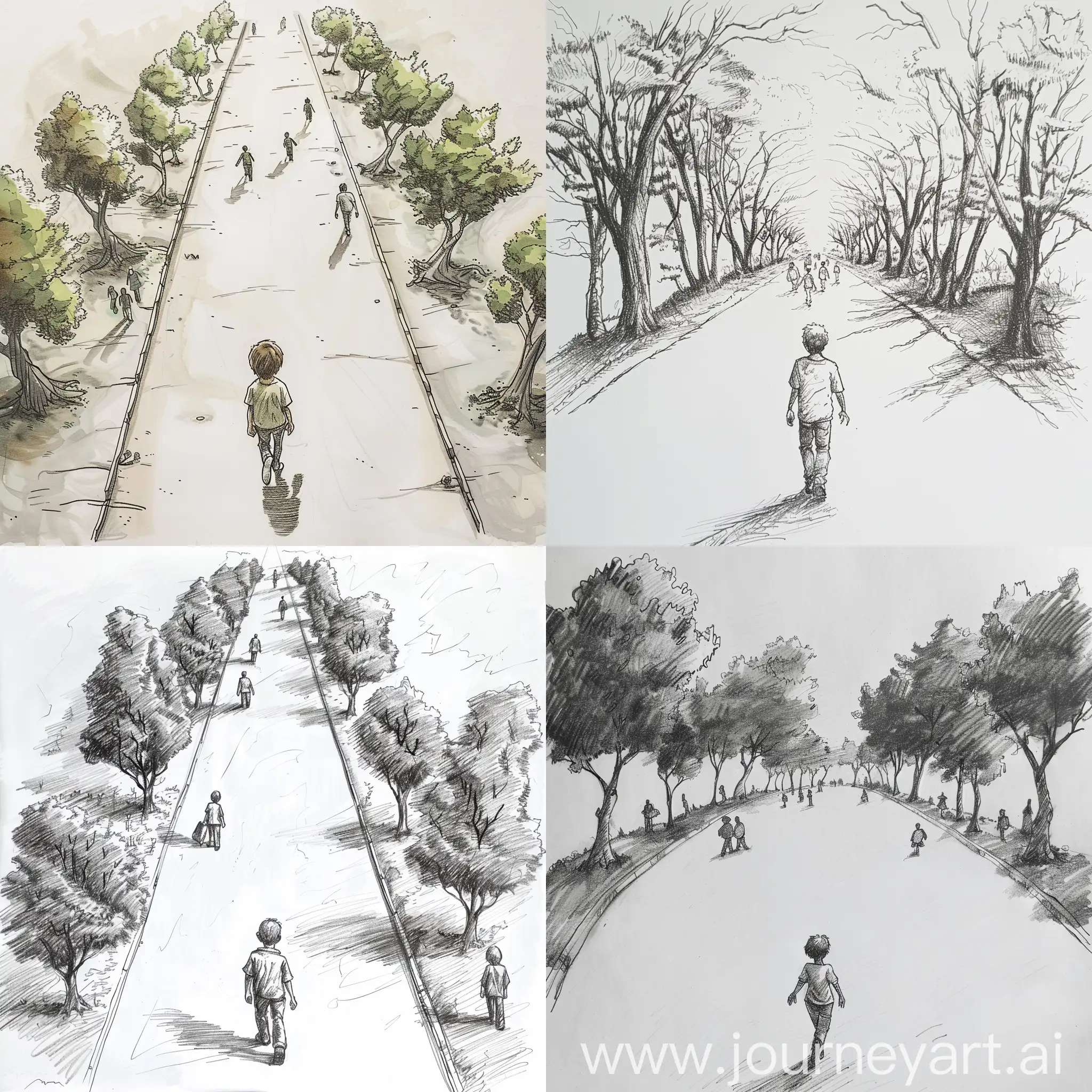 draw a picture of a boy who is walking alone on the road.
there are lots of tree on the two sides of the road.
Some people are also walking hrere and there