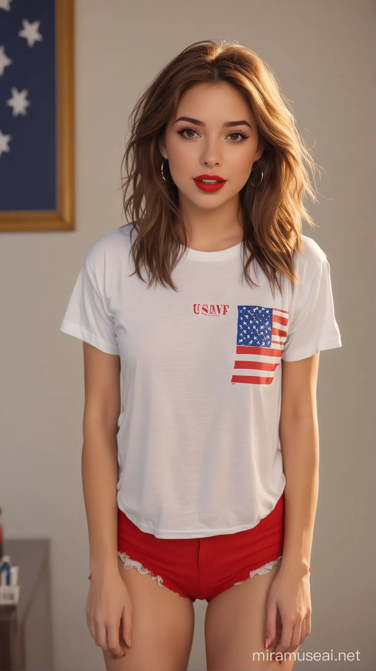 4k Ai art front view beautiful USA chuvy girl brown hair red lipstick ear tops yellow mini shorts and t-shirts in usa movie sat 