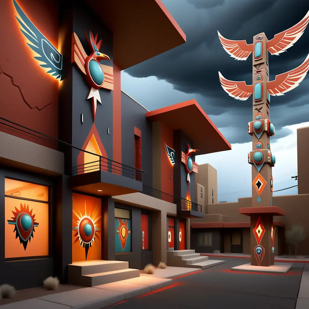 an urban enclave infused with tribal and lightning motifs. Buildings are adorned with thunderbird symbols, and tribal murals depict lightning in vibrant colors. The streets echo with the rhythm of tribal drums, and central gathering areas feature totem poles representing thunderbird deities. The air crackles with static, and the skyline often witnesses displays of mystical lightning, symbolizing the Thunderbolt Thunderbird Tribe's dominance in their electrified realm.