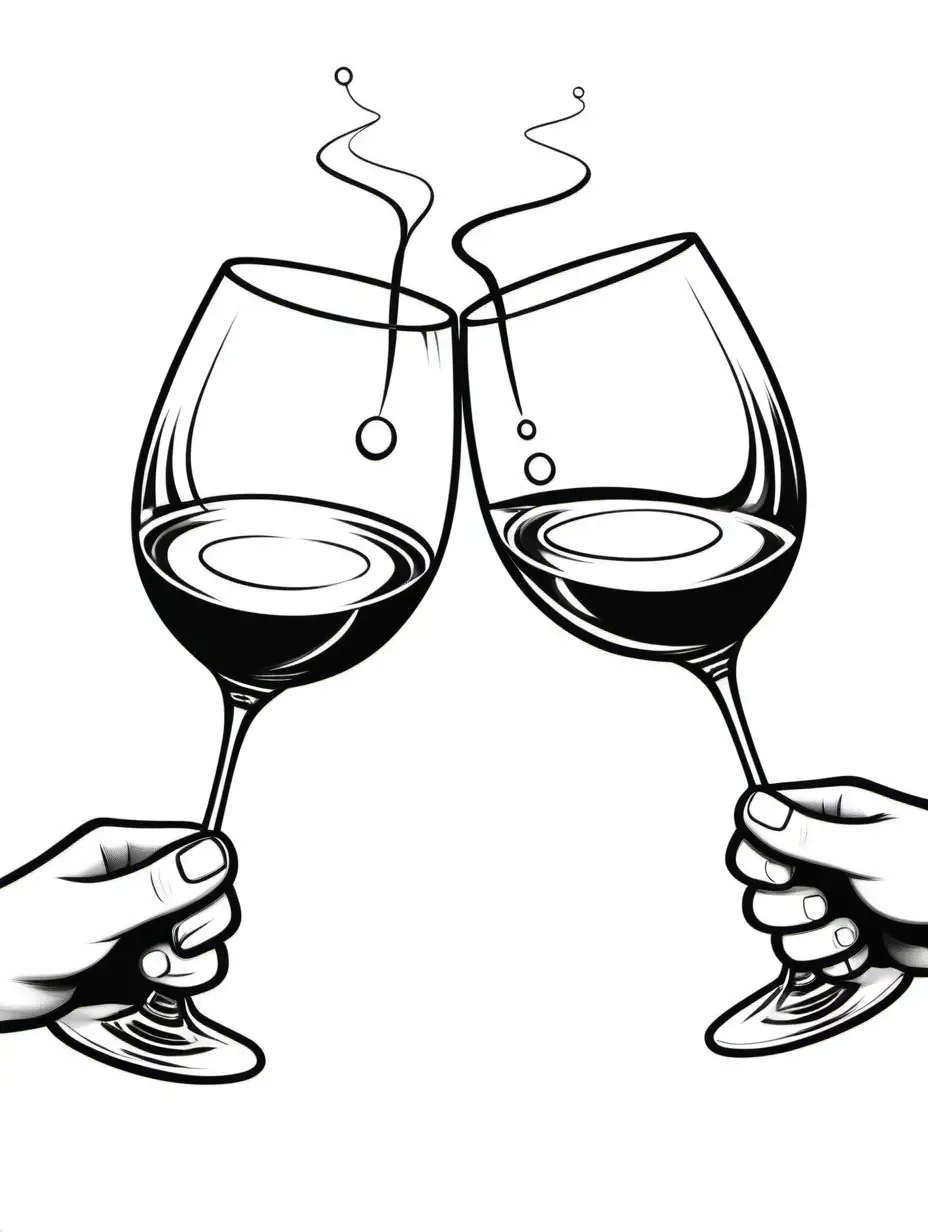 black and white cartoon wine glasses clinking together in cheers, with white background