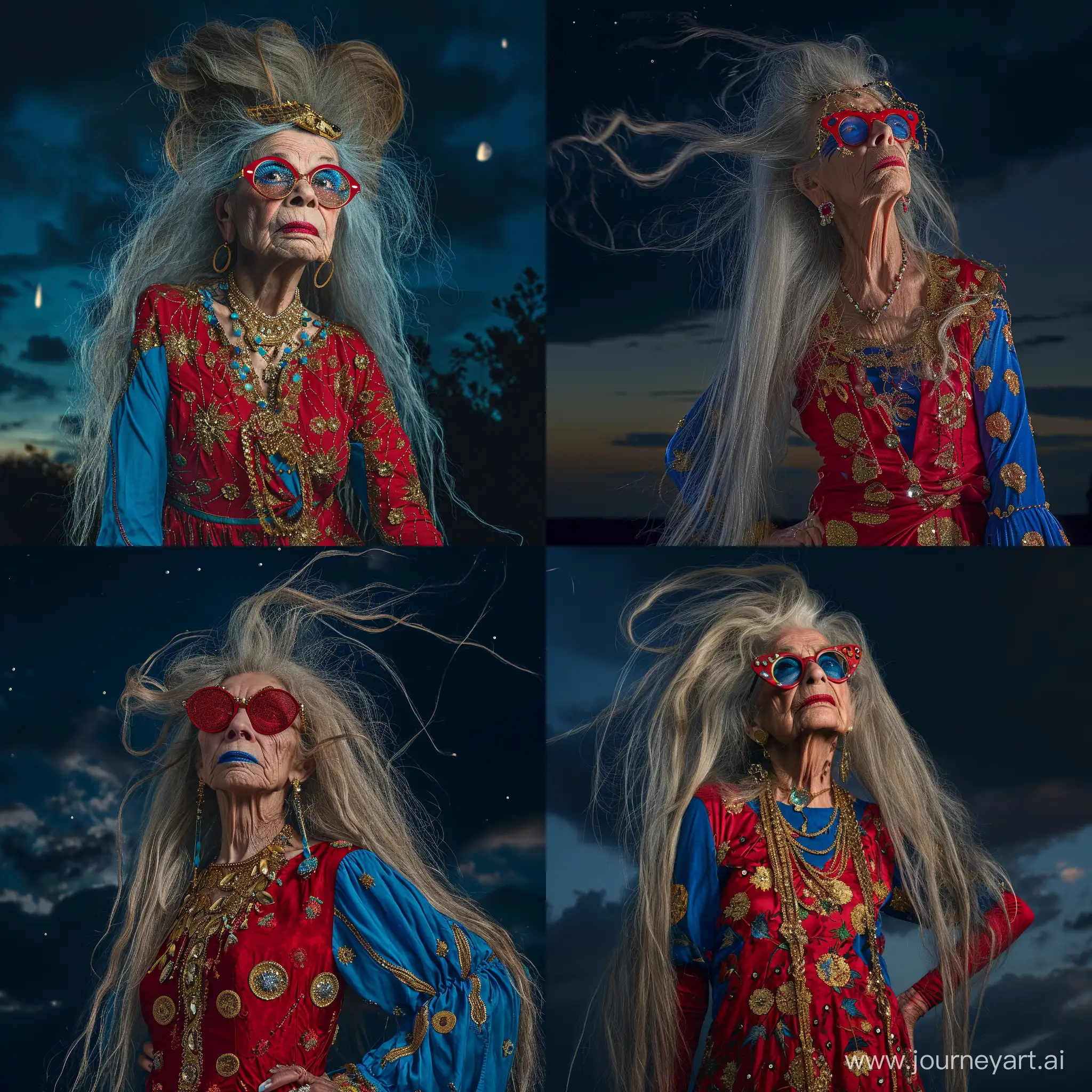    very old skiny hippie women whit wild long hair wearing  red     bleu dress with gold  and a red old fashion sunglass with some diamonds on and red lips and bleu mascara standing at adark sky  fotorealistisch 50mm fuji xt2 