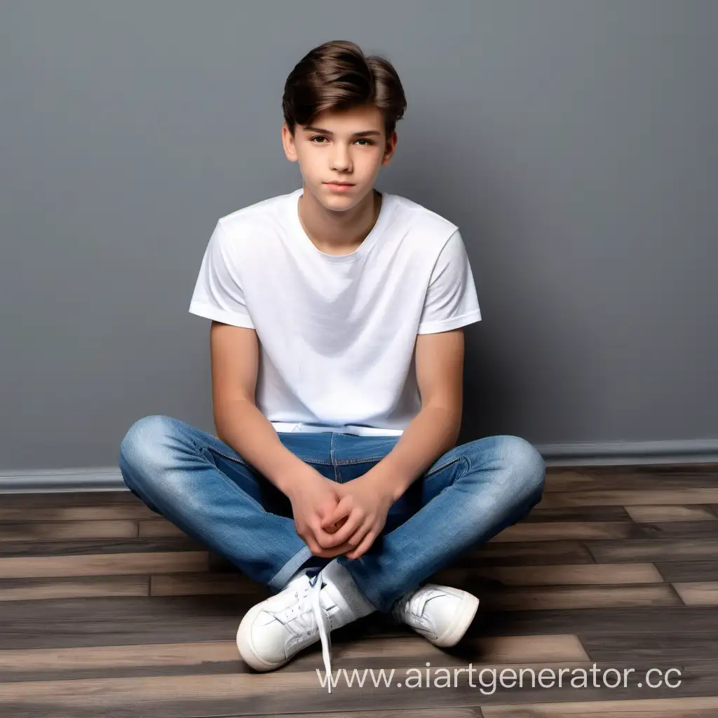 handsome boy, 16 years old, brunette, model hairstyle, white T-shirt, blue jeans,  white sneakers. sitting on the wooden floor. grey background