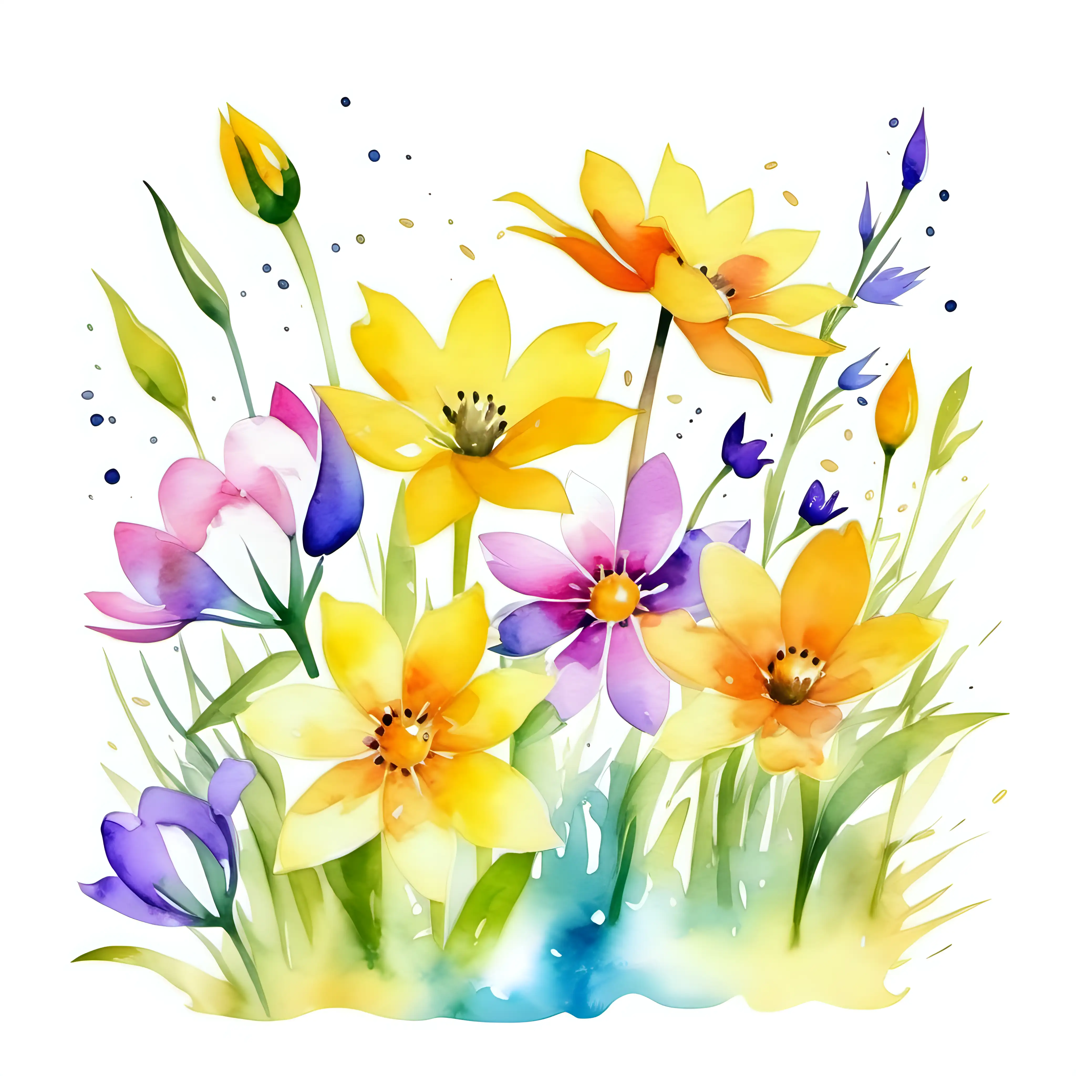 Vibrant Spring Flowers in Sunshine Beautiful Watercolor Art on a White Background