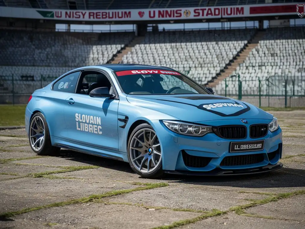 Light blue BMW M4 with Slovan Liberec logo on the front doors and hood. In the background is the north stand at the U Nisa stadium in the Czech Republic (in Liberec). The stand is empty, the weather is sunny, and the view of the car is from the side.