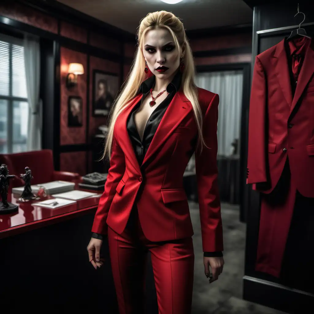 A female Toreador vampire, blonde long hair, ponytail, wearing a fitting deep red suit, fitting red trousers, black bra under the suit, black heels, bombshell, necklace with a red pendant, inside a mafia boss' room, realistic