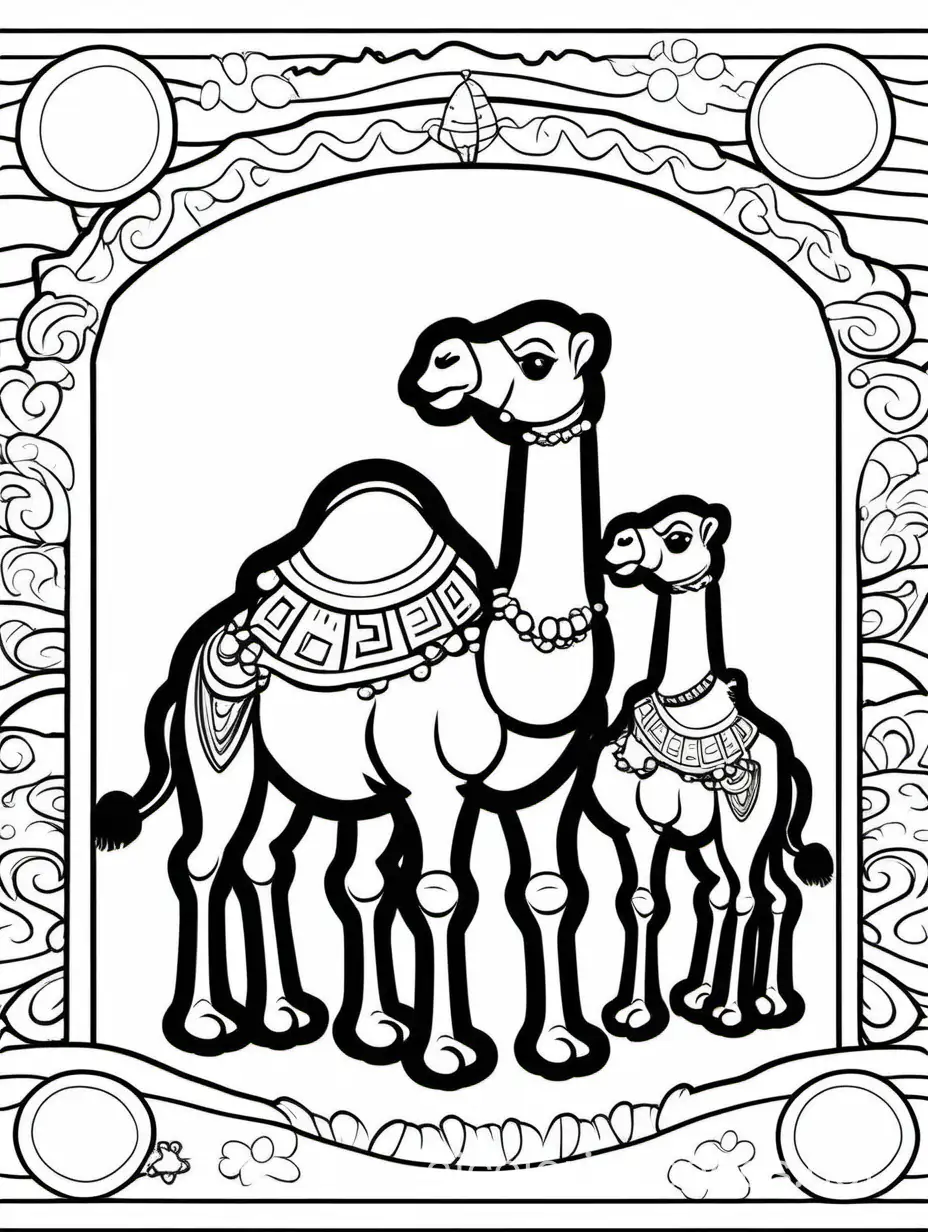 cute camel with his baby for kids, Coloring Page, black and white, line art, white background, Simplicity, Ample White Space. The background of the coloring page is plain white to make it easy for young children to color within the lines. The outlines of all the subjects are easy to distinguish, making it simple for kids to color without too much difficulty