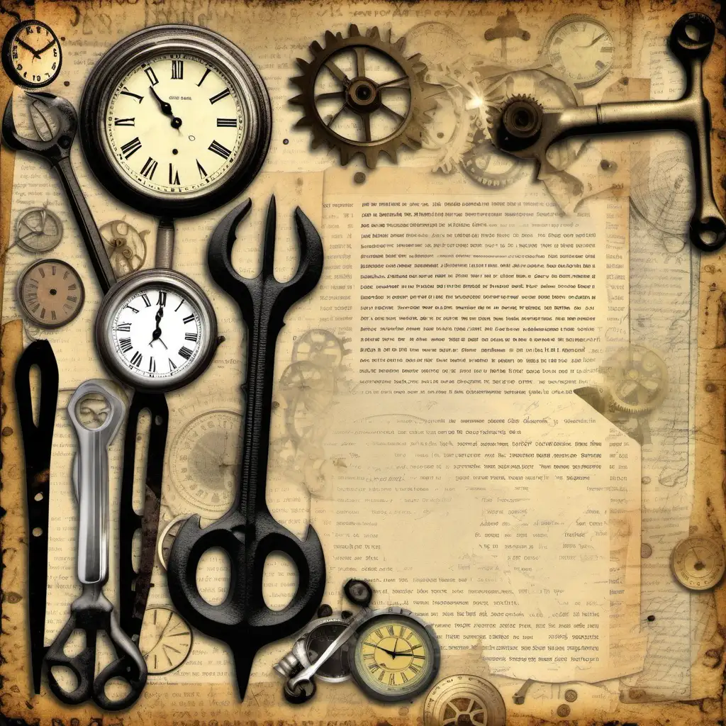 a scrapbooking design with vintage paper background in vintage text with transparent background of old tools, vintage clocks and vintage screws