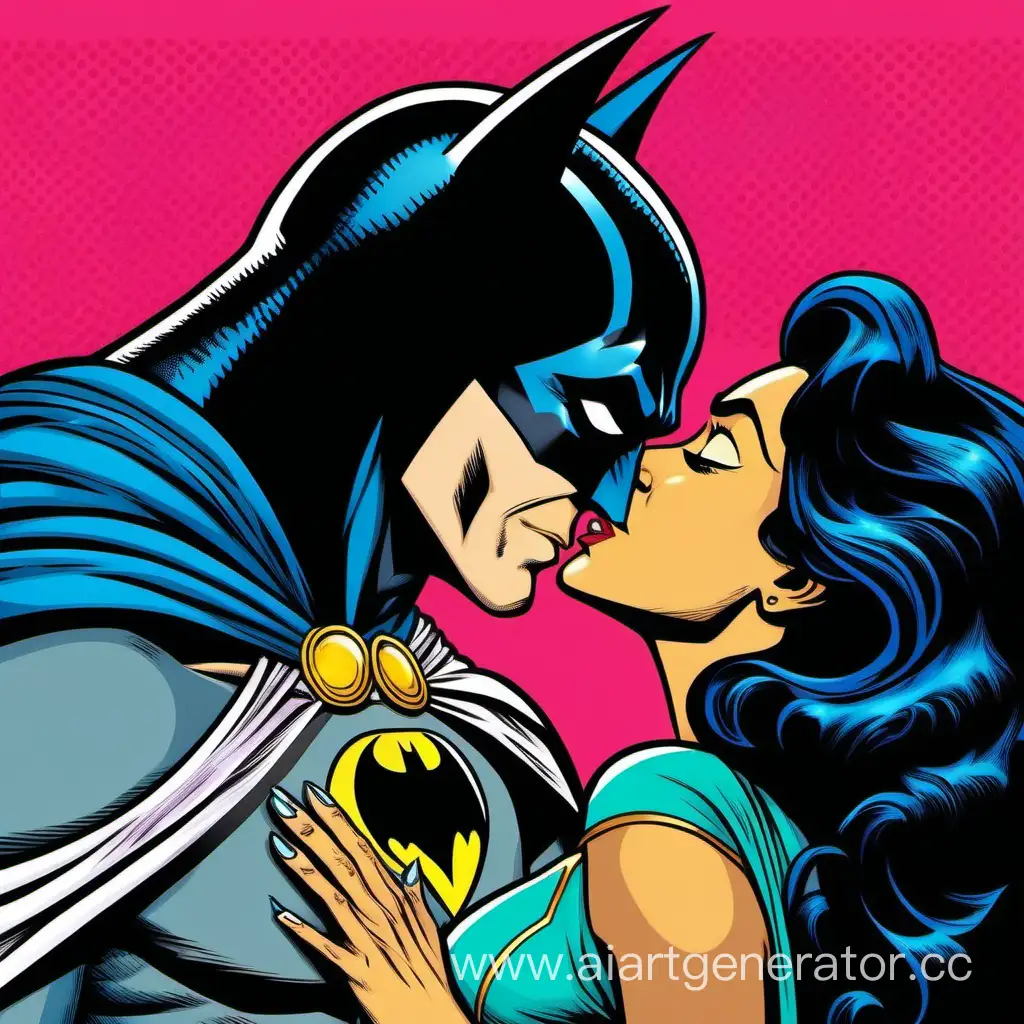 Картинка из комикса, в стиле поп-арт. 
Принцесса жасмин целует Бэтмена в щечку, а у Бэтмена в глазах сердечки.