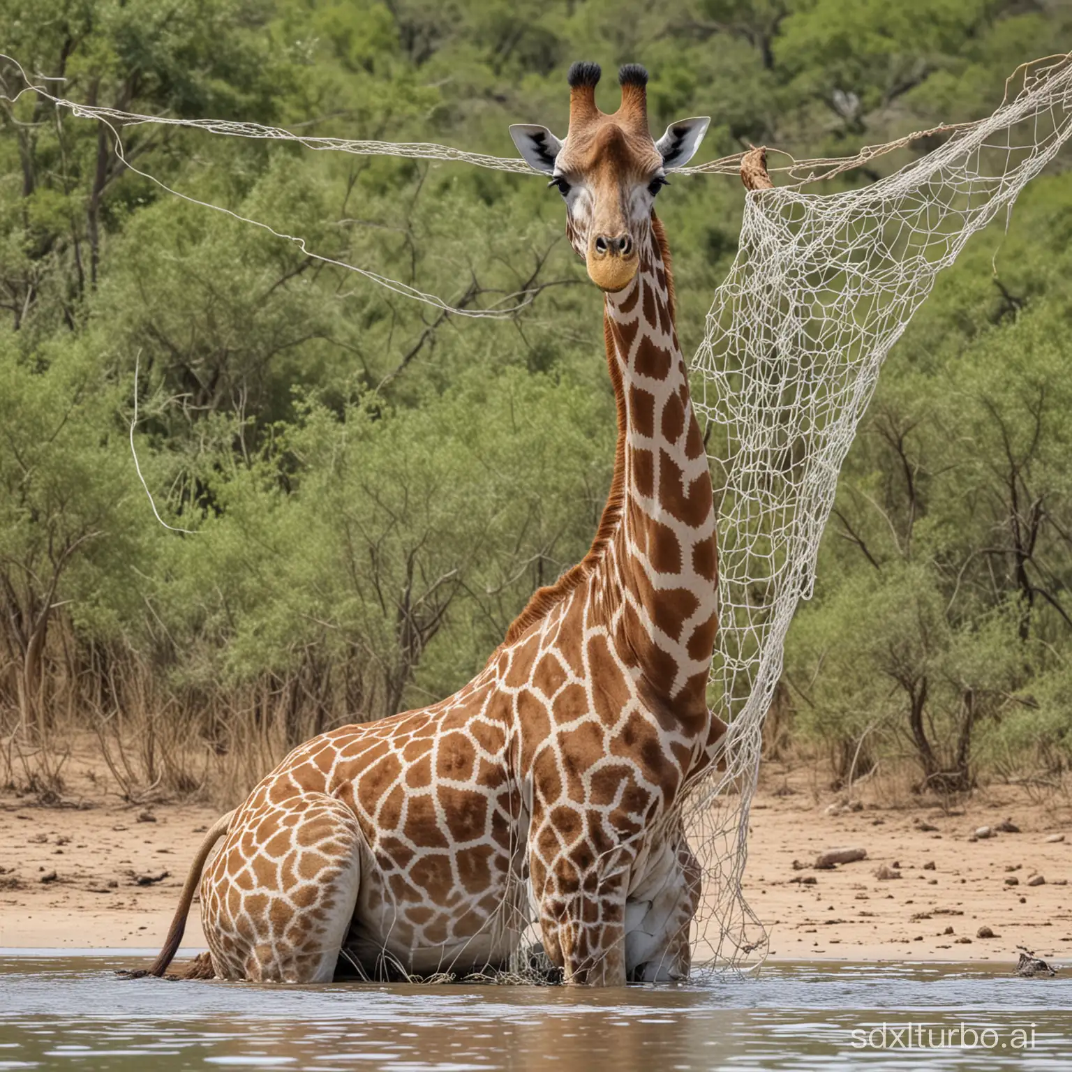 giraffe caught in a fishing net