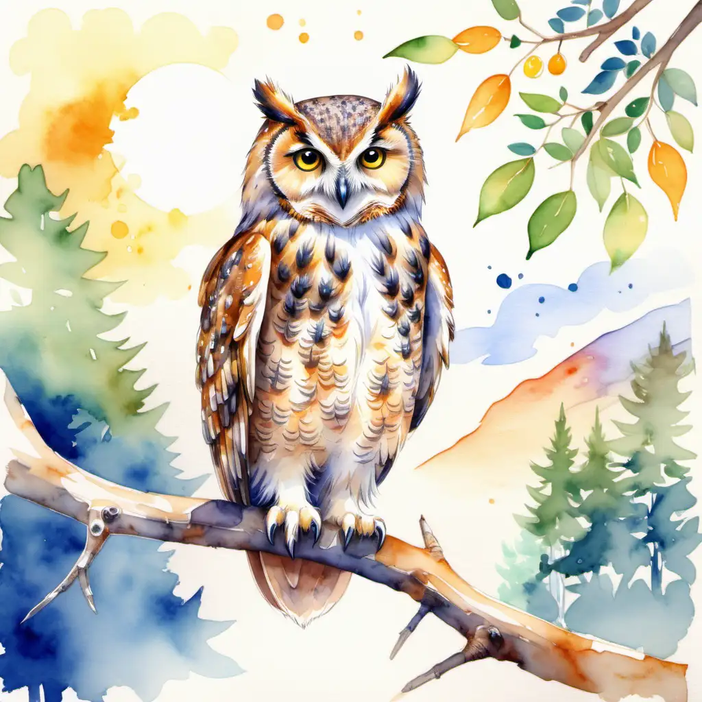 Serene Owl Perched on a Summer Tree Branch in Watercolor Art