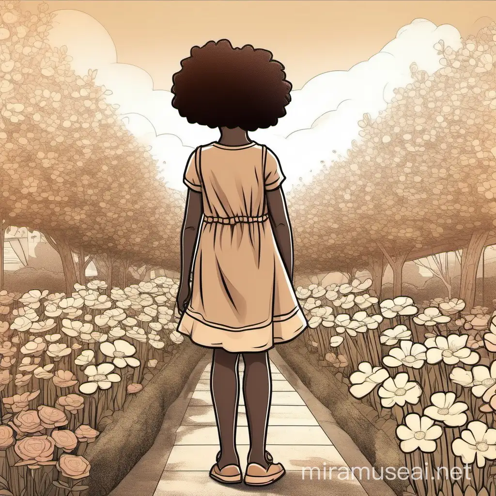 children's muted art illustration, full figure 6 year old african brown girl character, standing in a beautiful flower garden , back view, outline