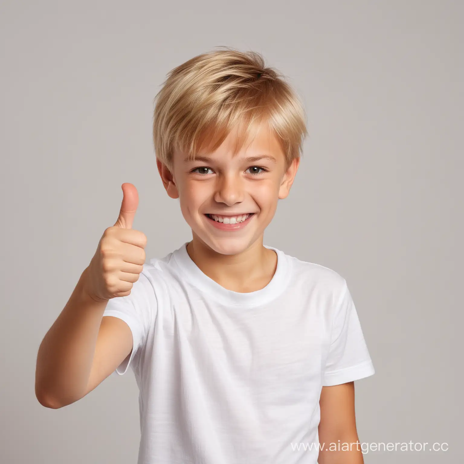 Мальчик русый в белой футболке радуется показывает большой палец в верх