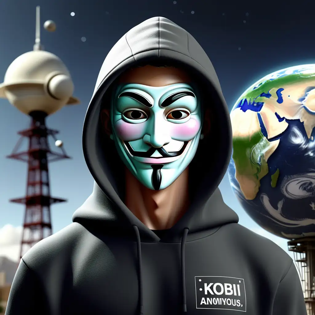 Stworzenie ultra-realistycznego zdiecie 8K przedstawiającego postać Anonymous noszącą bluzę z kapturem, na której jest napis, "by Kobi", w tle jest kula ziemska i antena satelitarna na ekranie."