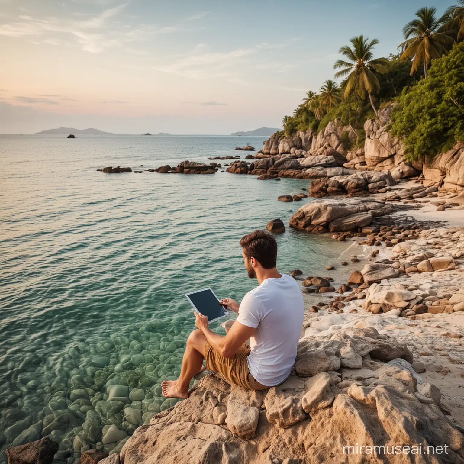 30 years old Man on the island beach sitting on rock with tablet in hands. View from his back