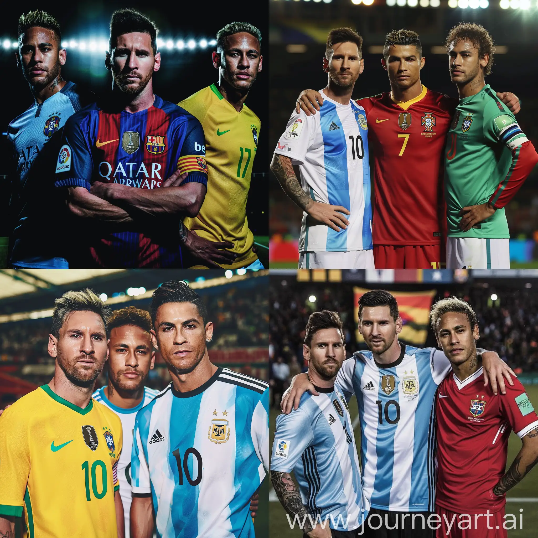 A picture from messi and ronaldo and neymar in national team kit