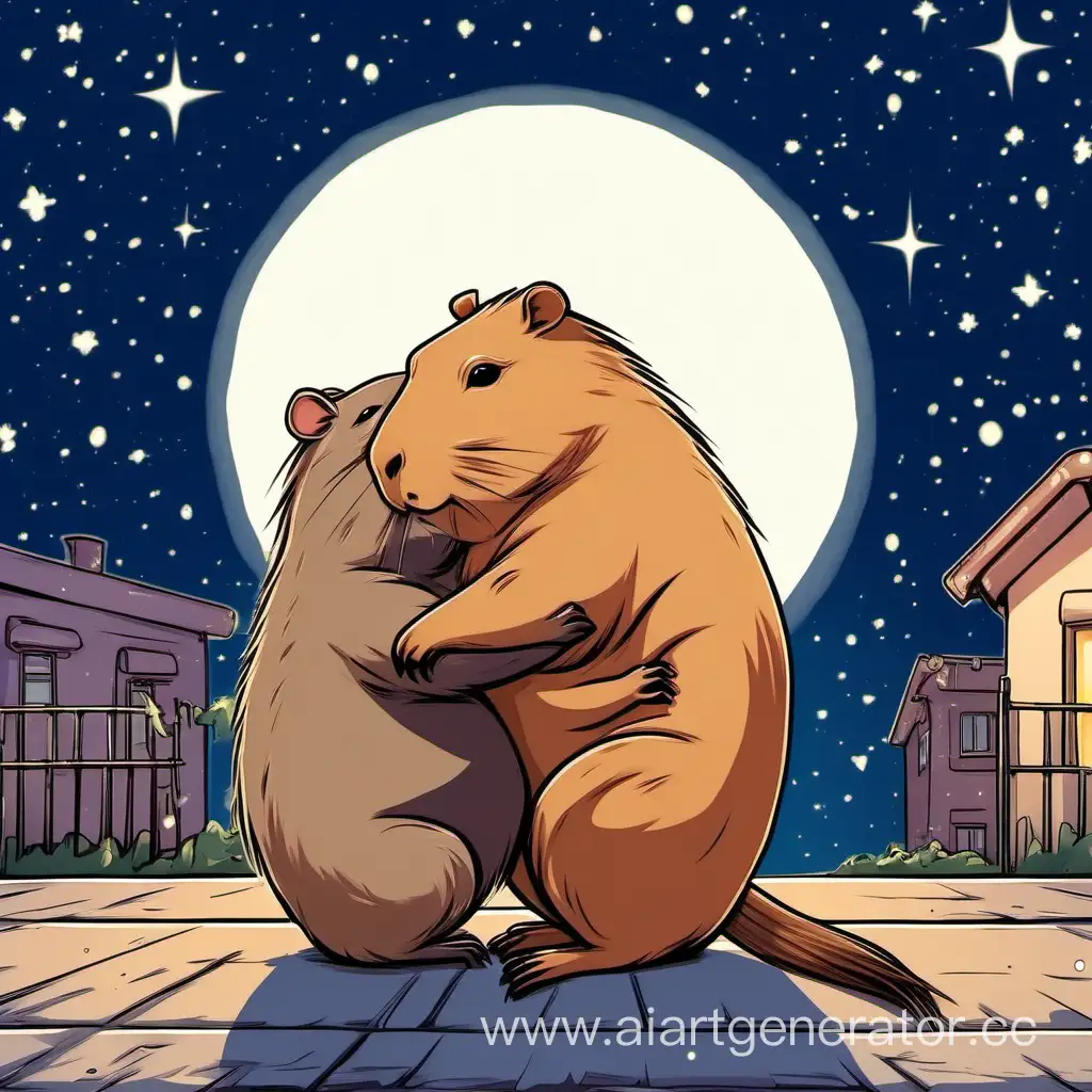 Capybara-and-Kitten-Embrace-Under-Starlit-Street-Sky