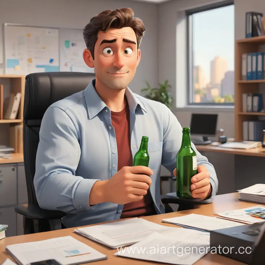 мультяшный мужчина сидит в офисе за работой и держит в руке бутылку