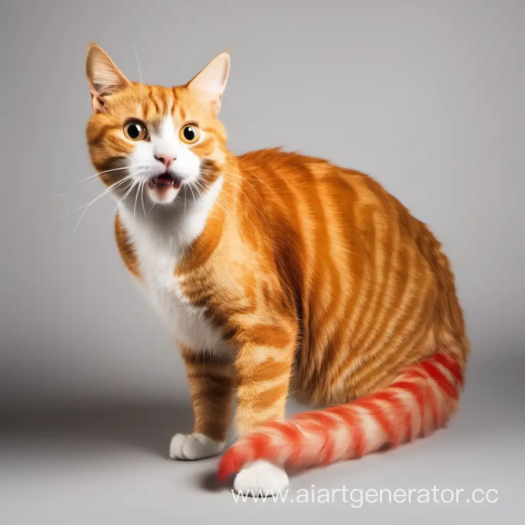 удивленный рыжий кот с красным хвостом