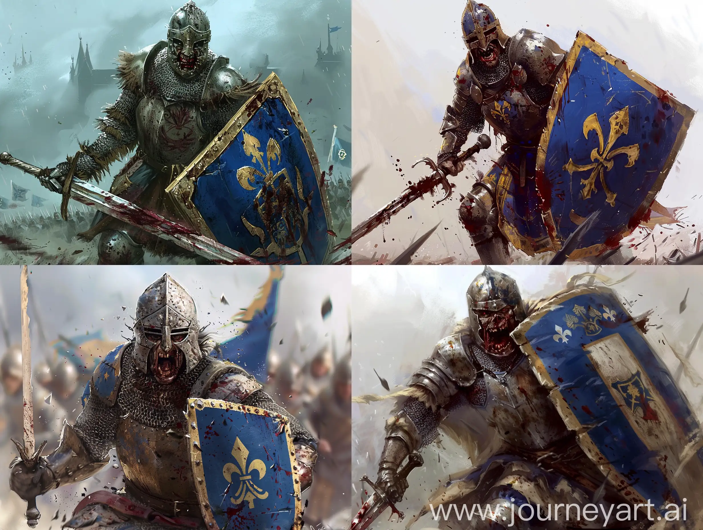 Medieval-Knight-of-France-Wielding-Bloodied-Sword-and-Shield-on-Battlefield