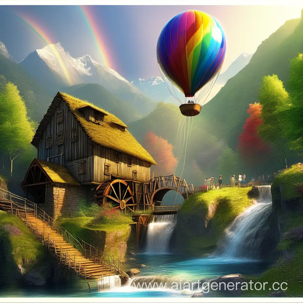 Scenic-Mountain-Watermill-with-Rainbow-and-Balloon
