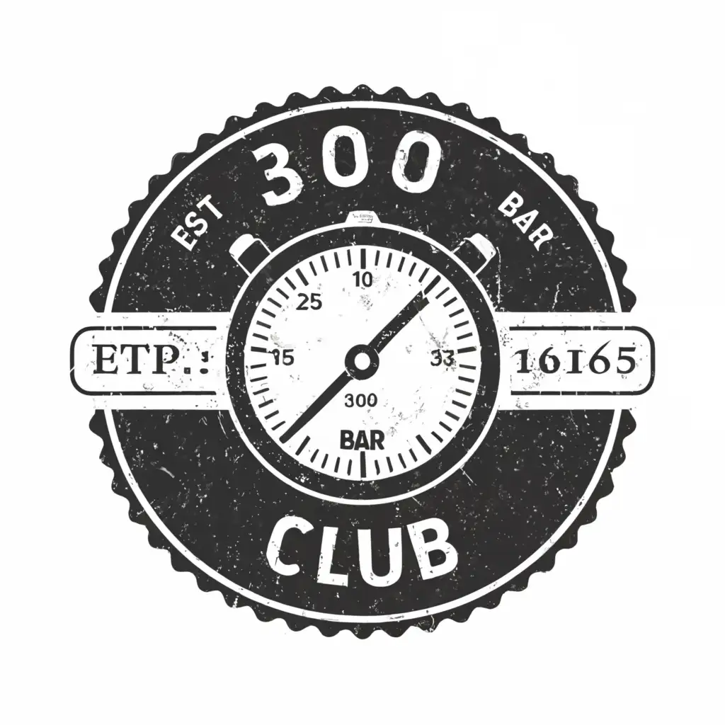 a logo design,with the text "300 Bar Club", main symbol:Pressure Gauge, Diver, Stamp,Minimalistic,be used in Technology industry,clear background