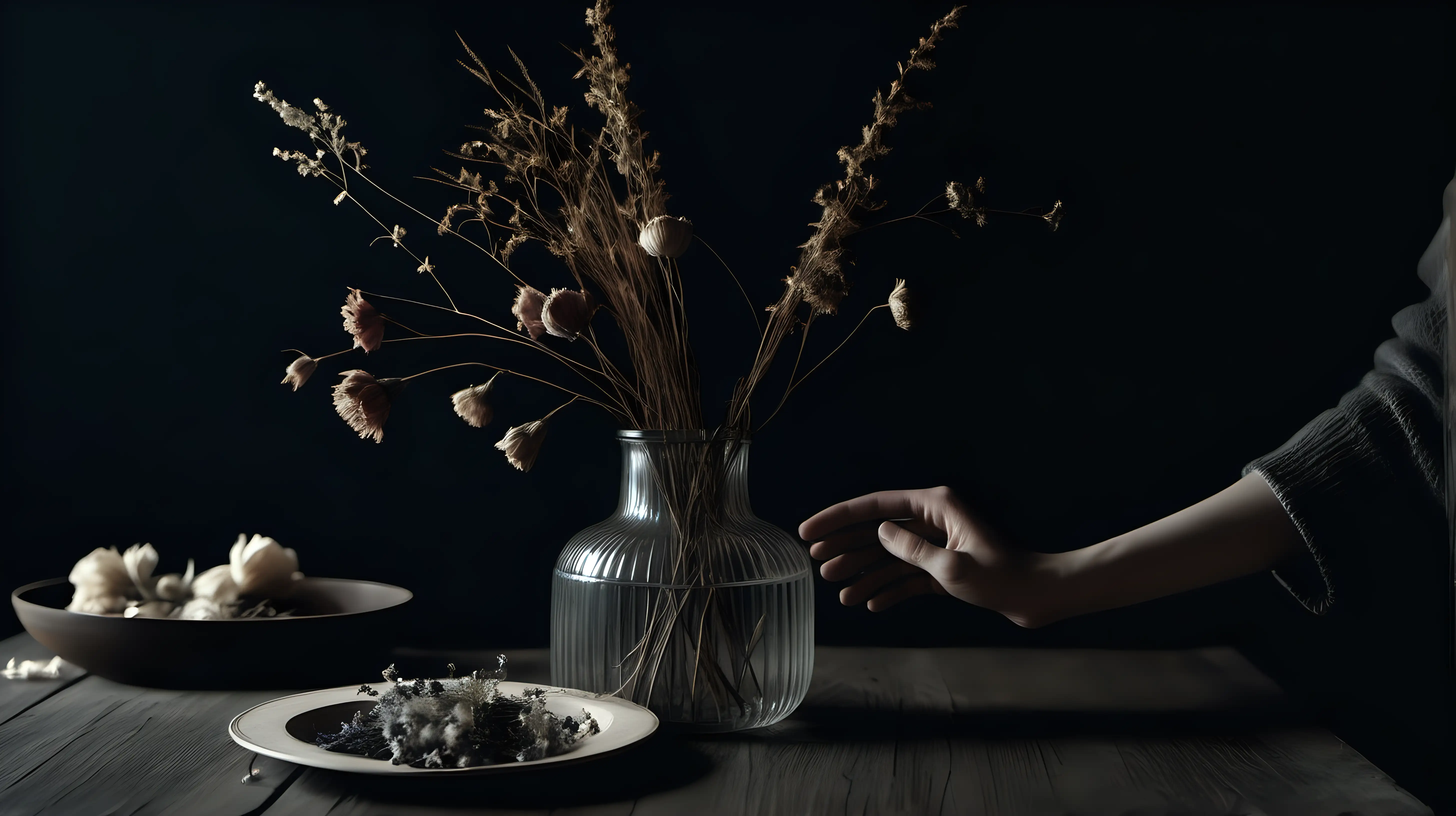 Hands on a table with a vase of dried flowers darkness soft light