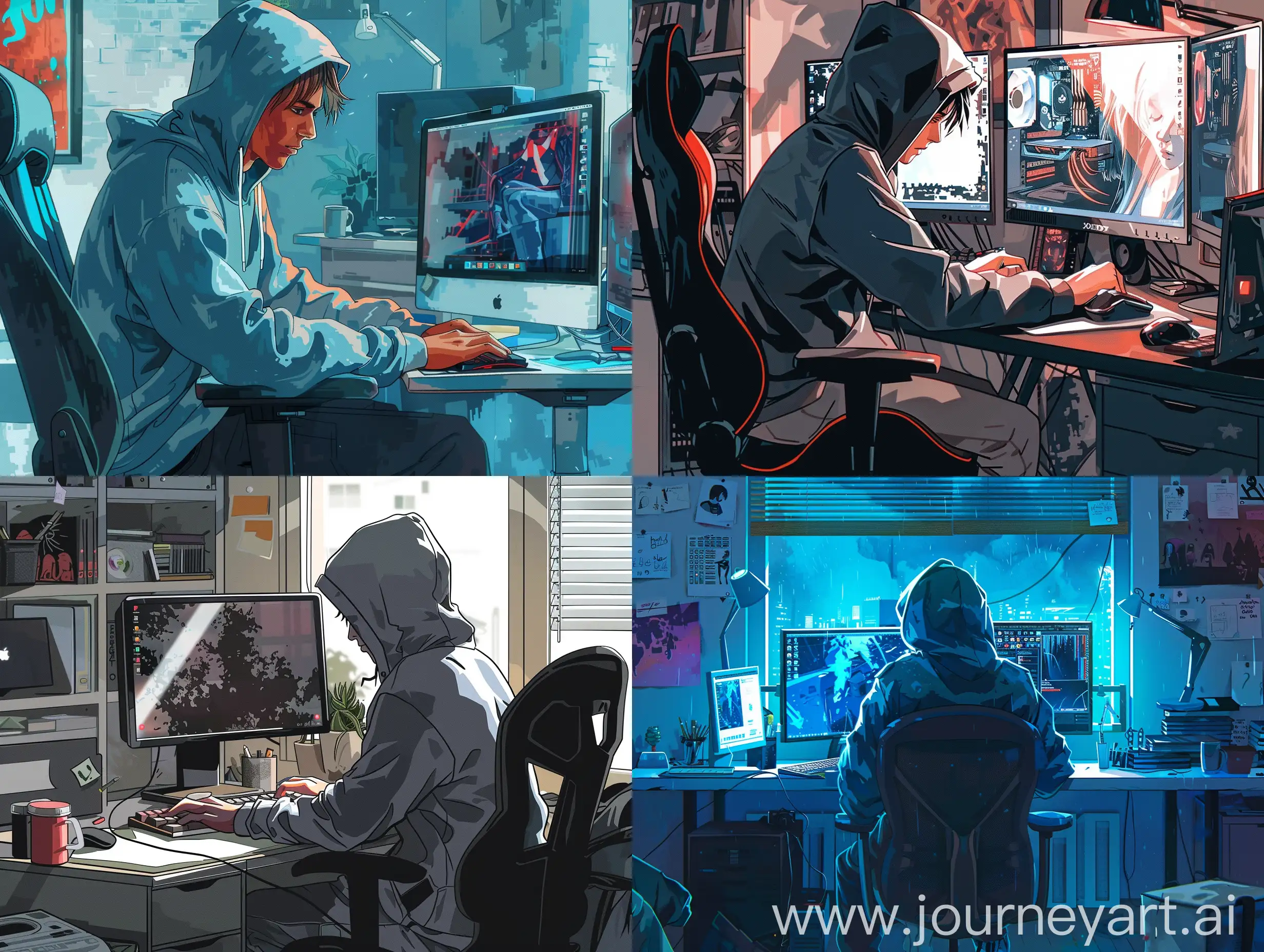 Designer wearing a hoodie, sitting in his office chair designing in his computer, , he working with super focused and dedicated, breath taking anime art
