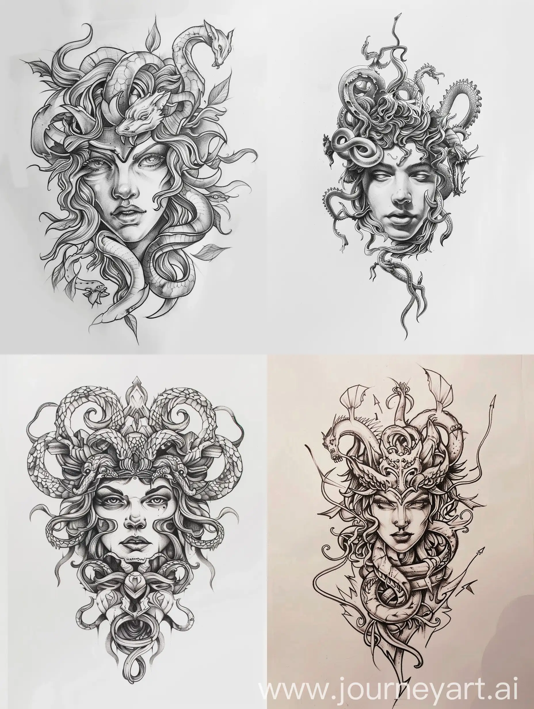 greek mythology, medusa tattoo design sketch, white background, symmetry