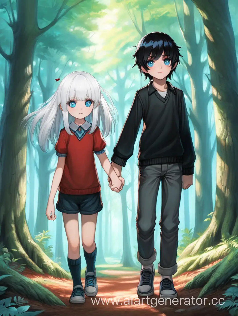 Enchanting-Connection-WhiteHaired-Boy-and-BlackHaired-Girl-Hand-in-Hand-in-the-Forest