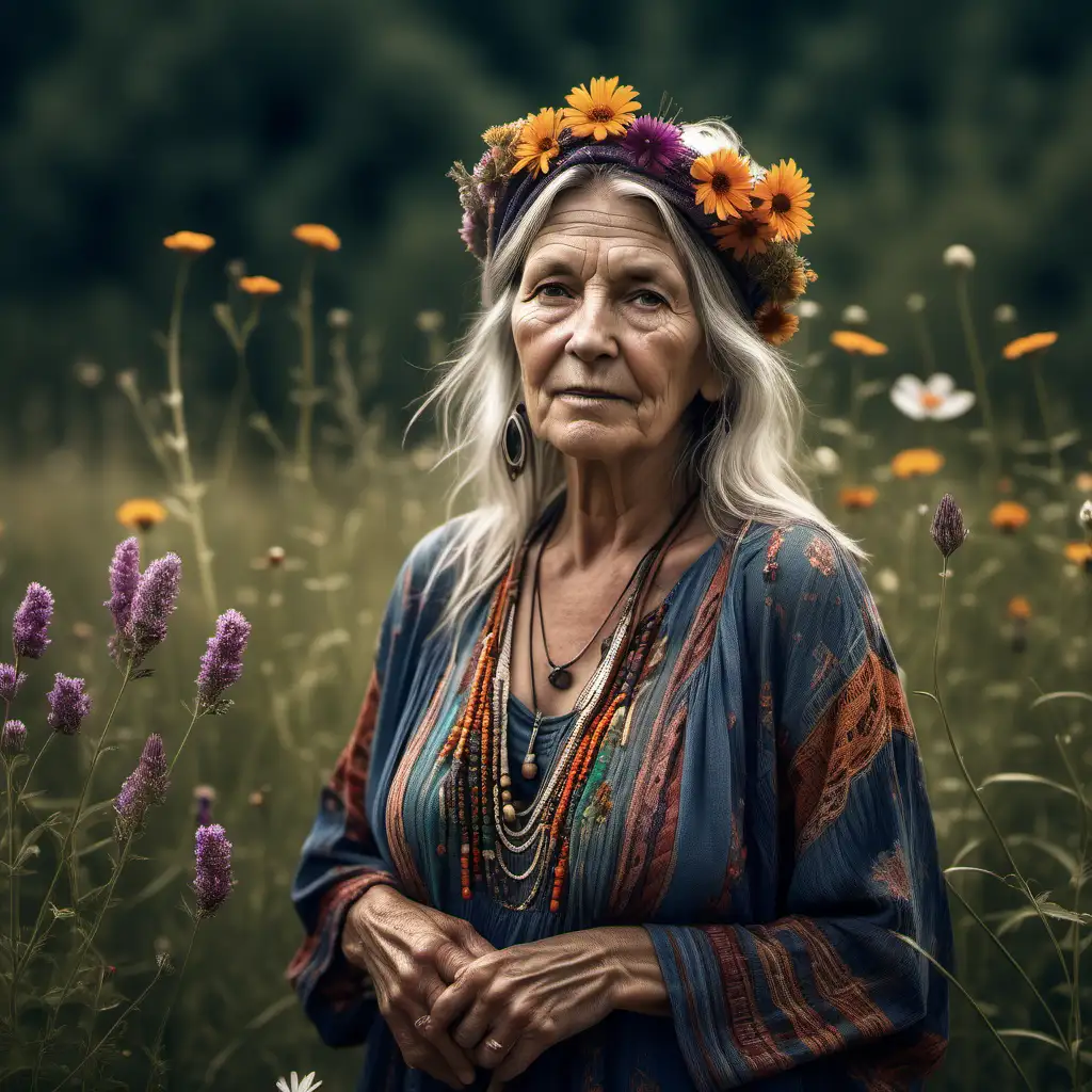 Boho Woman Amid Wildflowers Photorealistic Portrait with Dramatic Contrast