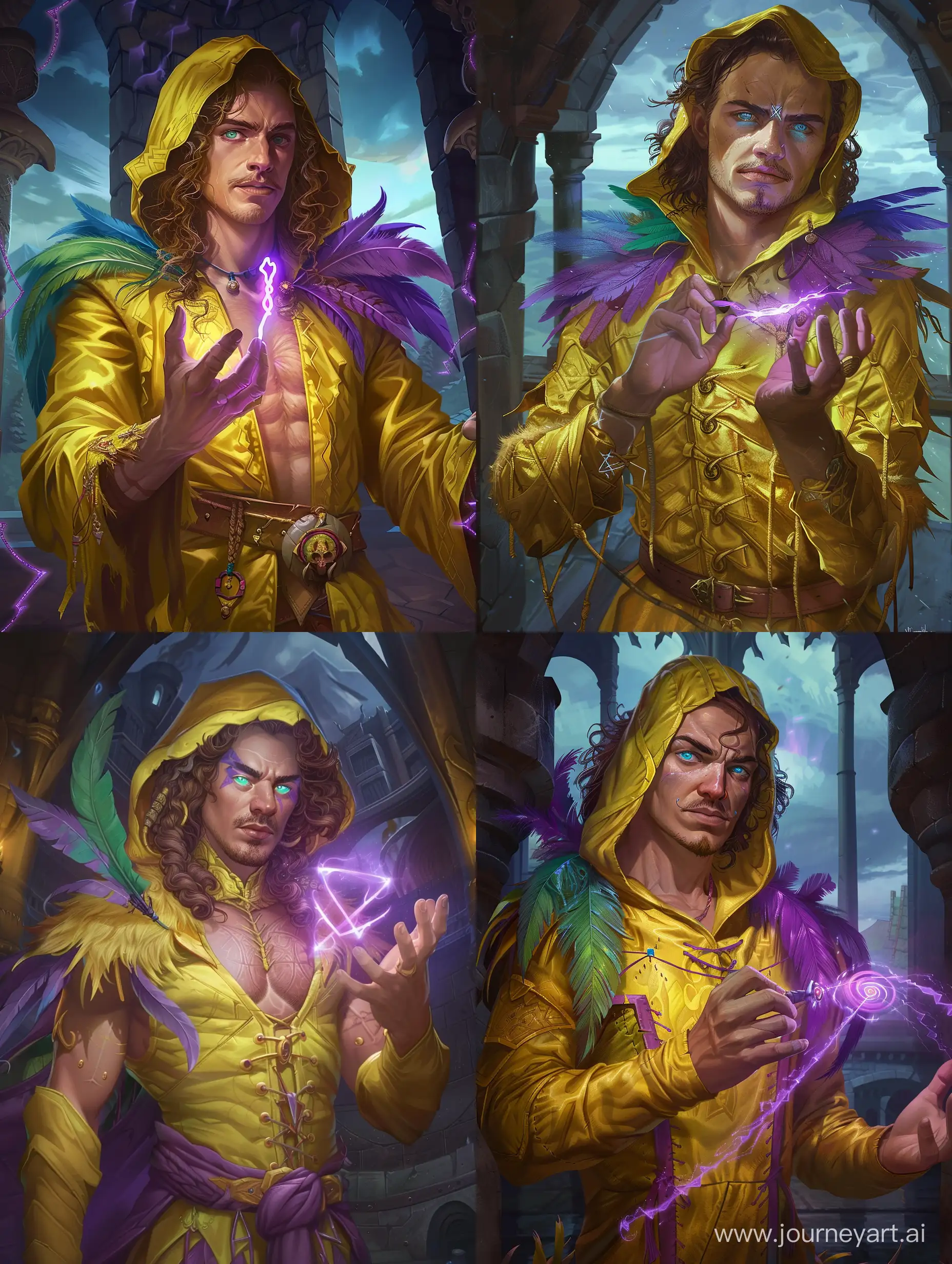 pathfinder character portrait of a human male sorcerer standing in full height full body seen, drawing a magical purple coloured rune in the air with his fingiers which glowing highlights his face, mid fit physique, straight button nose with a bit of wide nasal bridge and upturned little bit wide point, blue-green oval eyes, angled thin lowset eyebrows, short mouth, long loose curly light-brown hair going over shoulders and braided at the head temples, bristly mustache , slavic look, sarcastic expression , wearing yellow coloured tevinter like mage robes with purple-green-blue coloured feathers covering his shoulders,  wearing a hood over his head with overshadowing his face, eyes slightly glowing in the shadow of his hood, inside of a wizard tower with view of midnight background, pathfinder character portrait art style