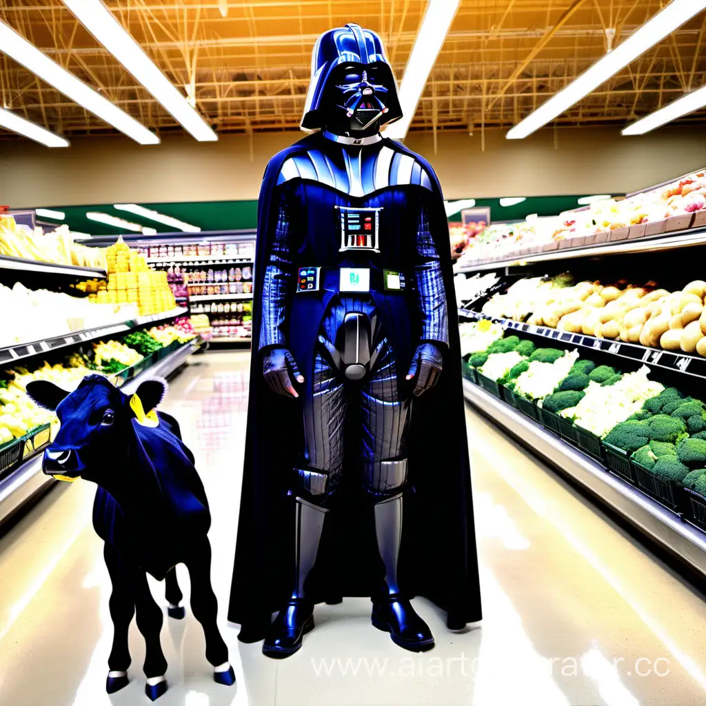 Darth Vader in front of wegmans with a cow