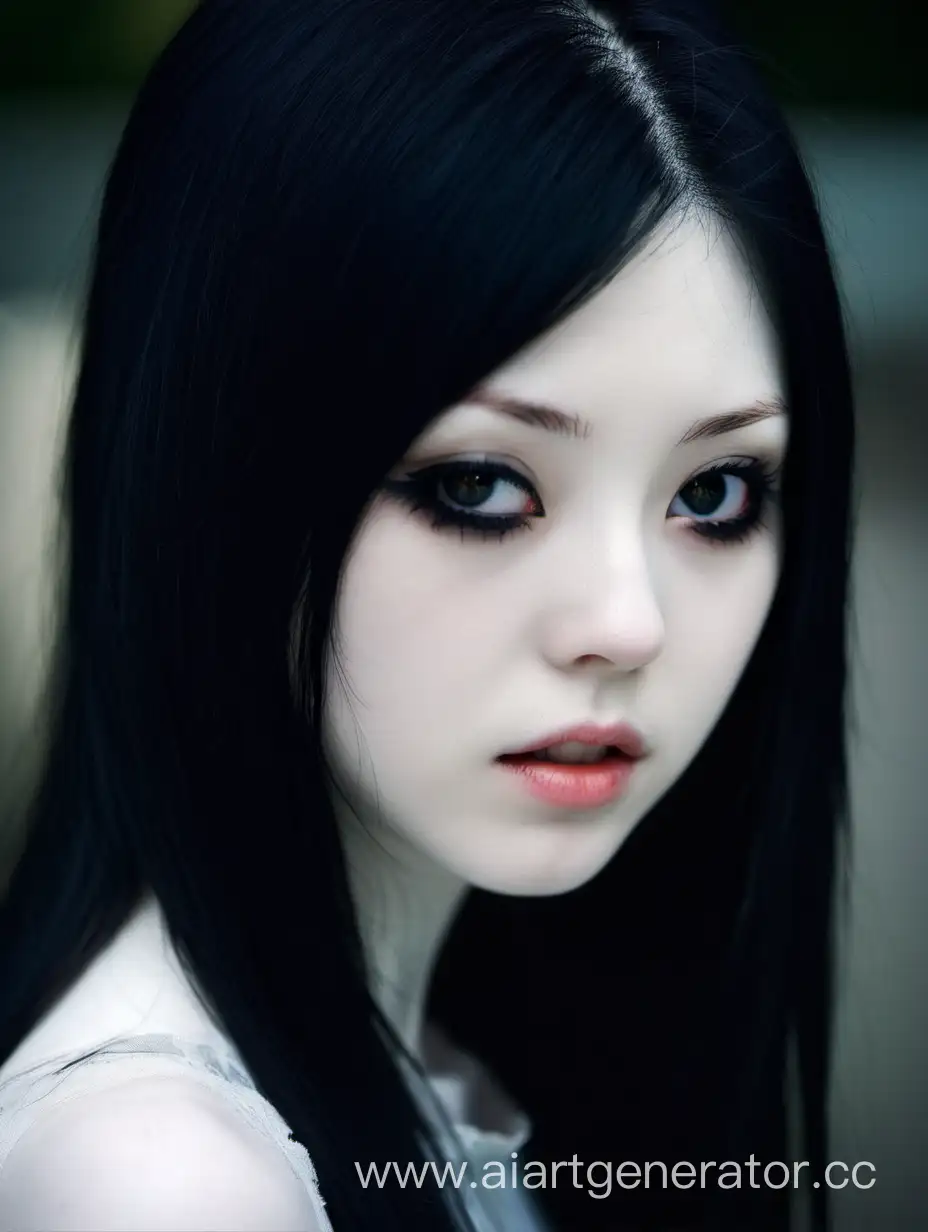 Девушка с черными волосами, бледная кожа, черные глаза. Японка