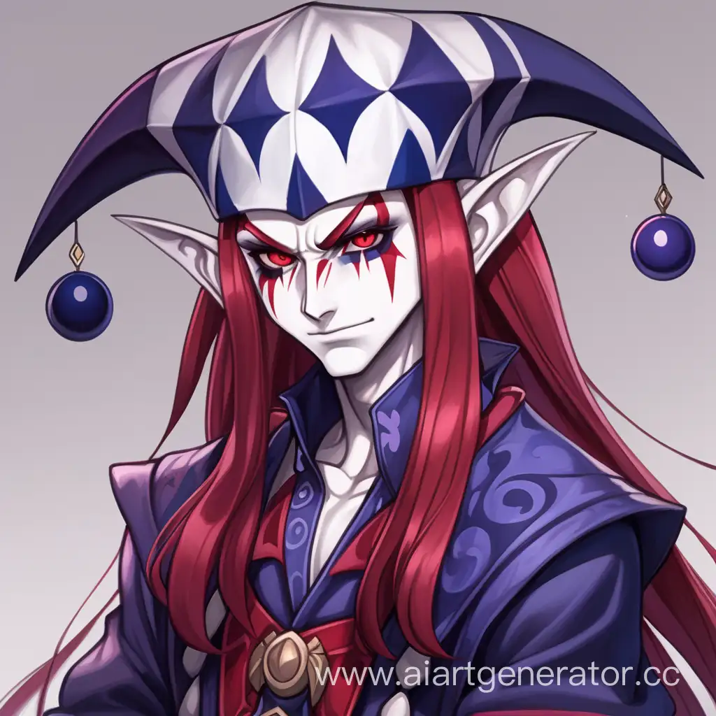 Draw an anime jester with pale skin, crimson eyes, crimson long hair, with mean and dissatisfied  look on his face 