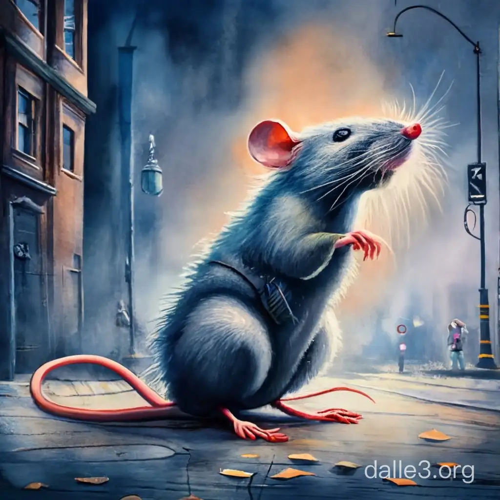 Ominous rat is sitting on a night street, gloomy atmosphere, Gotham City, oil watercolor, dark botanical, dark lumen