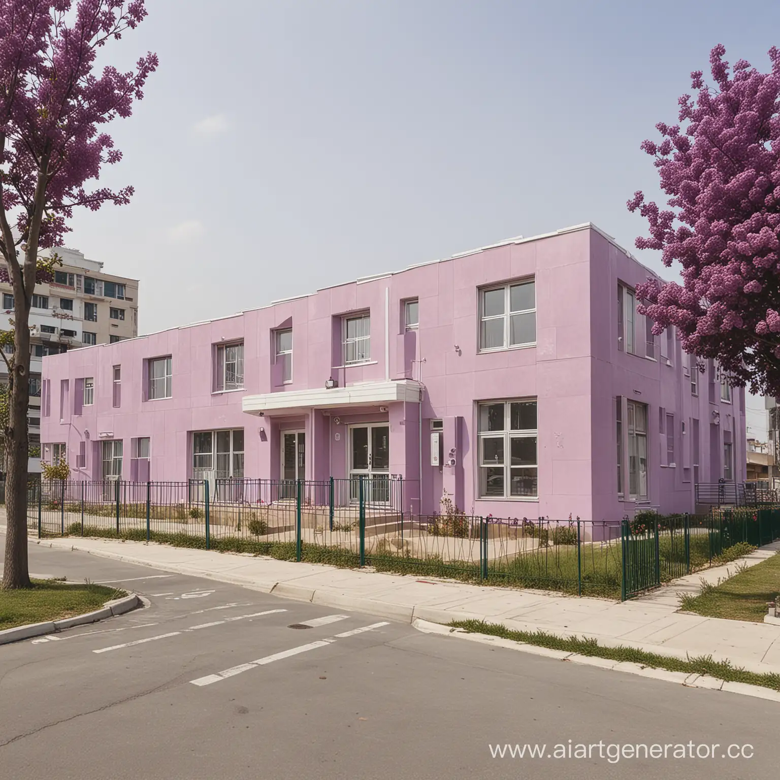 Lilac-Kindergarten-Building-with-Playful-Children-and-Blooming-Gardens