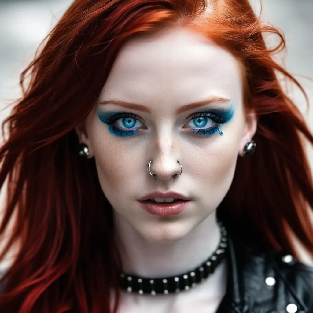Stunning Redhead Woman with Piercing Blue Eyes in Leather