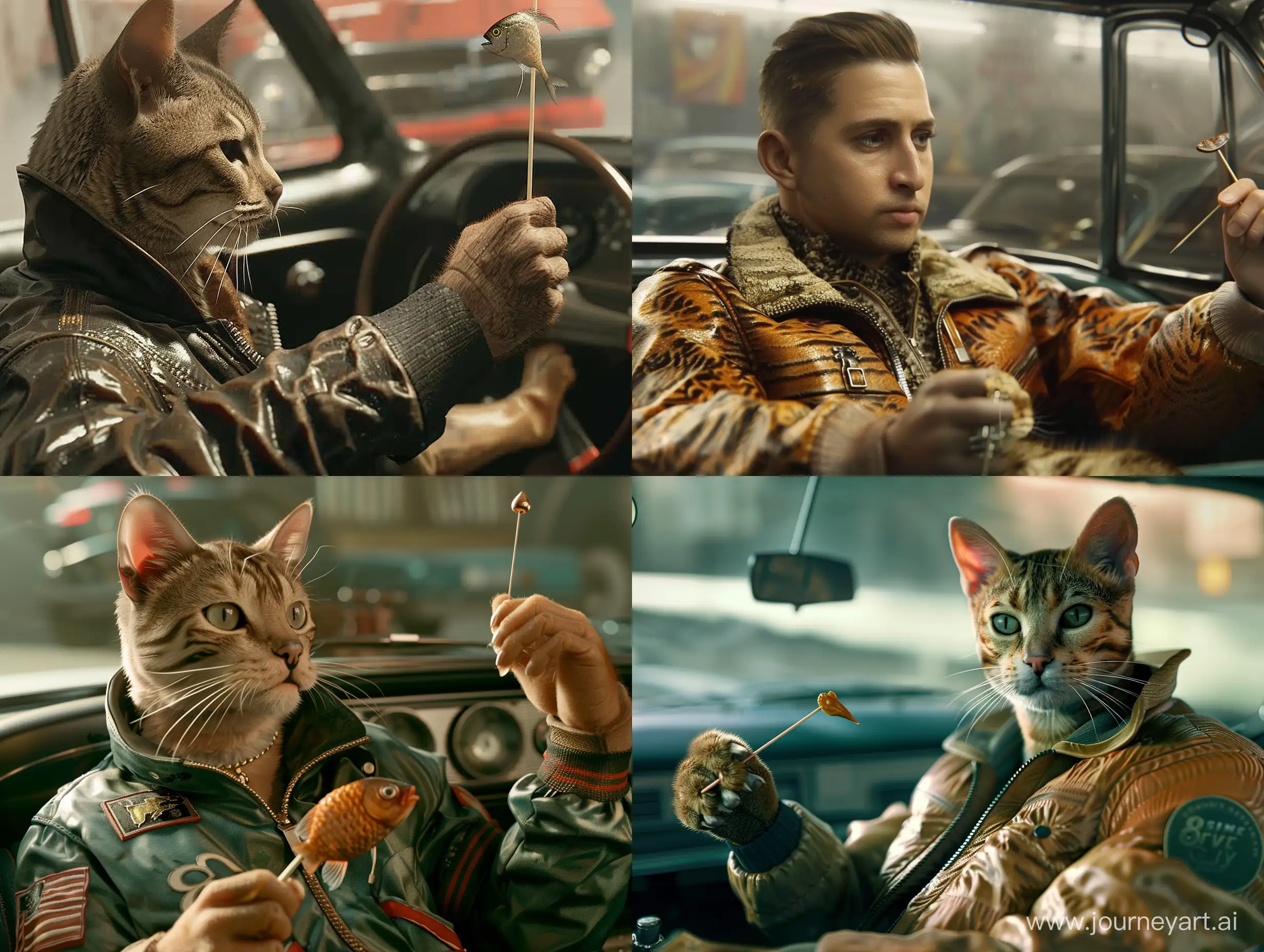 a cat in a bomber jacket from the movie "drive". in the image of Ryan Gosling with a toothpick and a fish in his paw. He's sitting in the car and watching noirily. 8L unreal engine